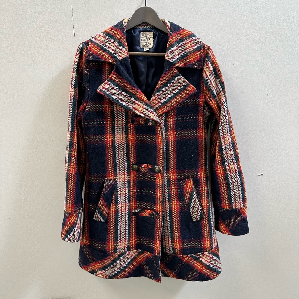 Colorful Vintage Plaid Button Up Pea Coat - please read description